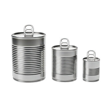 Three different sizes of metal cans isolated on transparent background