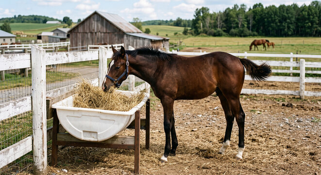 Brown horse eating hay beside a feeder in rustic fenced rural paddock