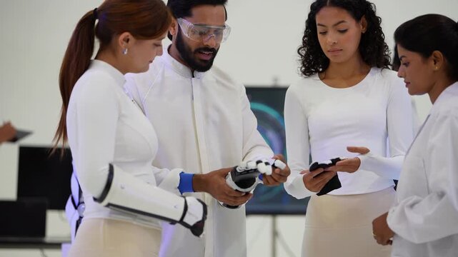 Bearded engineer in safety goggles hands a bionic robotic hand to colleagues as a woman in a white exoskeleton arm looks on, during a collaborative session, a robotics startup teamwork scene