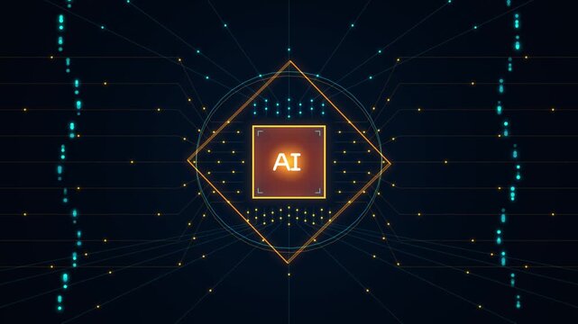 Futuristic artificial intelligence AI chip loop rotating glowing cyber cube animation background
