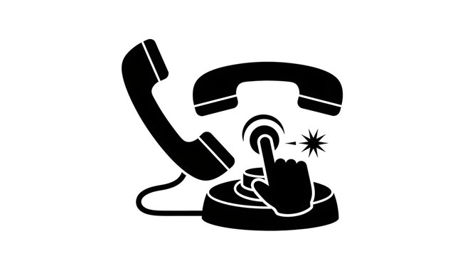 Black silhouette icon of a hand pressing a button on a vintage telephone