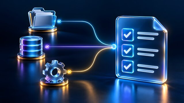 Digital folder, database, and gear icons connecting to glowing checklist document representing workflow automation, data integration, and compliance management