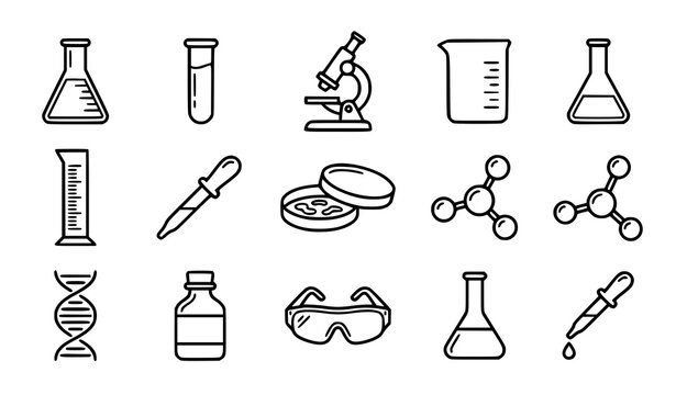 Laboratory Research Chemistry Biology and Science Line Icons Vector Set