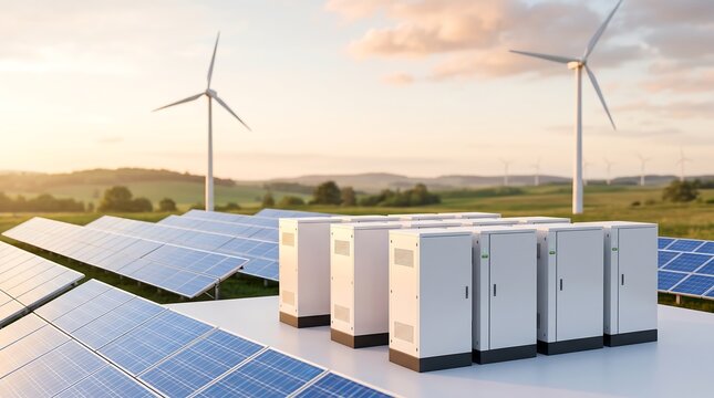 Industrial battery energy storage system units installed in large scale solar farm field with wind turbines in background during golden hour soft lighting for renewable energy conceptual