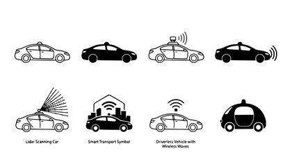 Obraz premium Minimal Autonomous Car Sensor Wave Outline and Silhouette Icons Vector Set