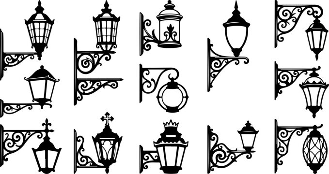 vintage decorative street lamp and wall lantern icon set