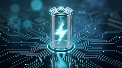 Naklejka na ściany i meble Glowing cylindrical battery cell with lightning icon inside digital circuit board background representing advanced energy storage technology and future of electric power innovation concept