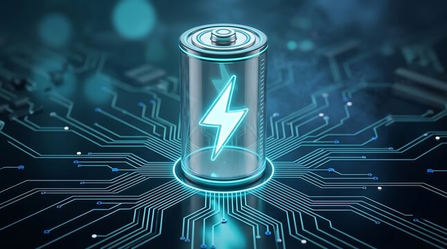 Glowing cylindrical battery cell with lightning icon inside digital circuit board background representing advanced energy storage technology and future of electric power innovation concept