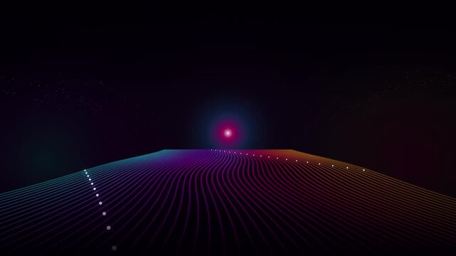 Futuristic synthwave neon landscape with glowing digital grid lines and a virtual sun on horizon