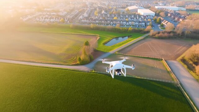 White quadcopter drone flies steadily rightward above patchwork farmland, passing a narrow rural road and small pond with suburban houses in the distance under warm low-angle sunlight