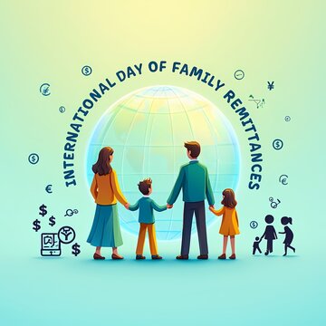 Family looking at a globe celebrating international day of family remittances