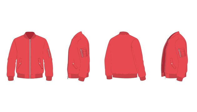 Red bomber jacket with front zipper and sleeve pocket displayed from multiple viewing angles.