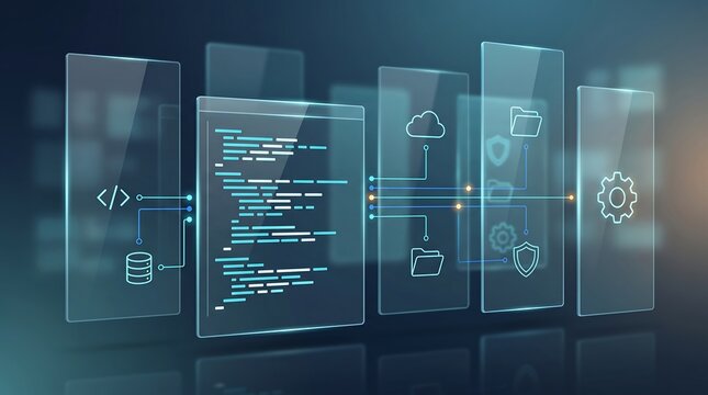 Futuristic digital dashboard display with code snippets and cloud infrastructure icons showing system development workflow and software engineering process in holographic interface style