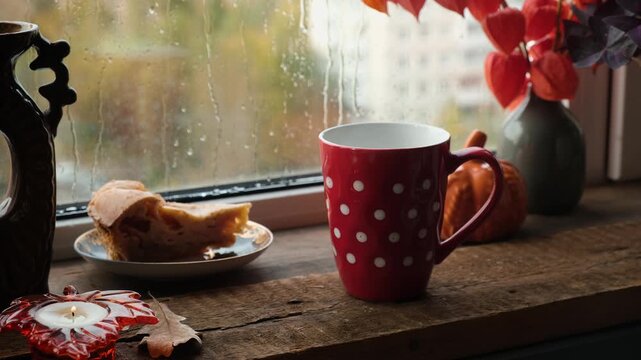 Cozy fall mood. Red polka dotted cup of steaming tea and pastry on windowsill on rainy autumn day. 