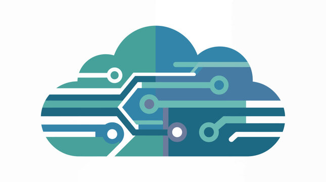 Modern cloud computing symbol featuring digital circuit board lines for high tech connectivity.