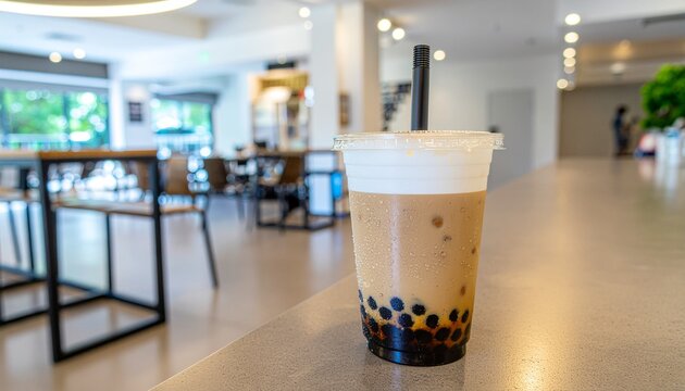 Trendy boba milk tea with tapioca pearls brown sugar syrup and creamy milk in clear cup