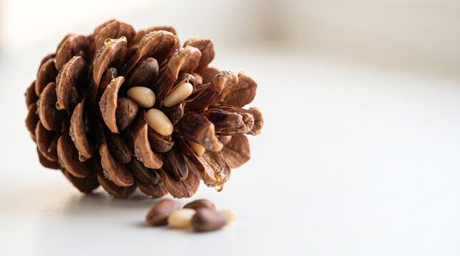 Opened Korean pine cone with pine nuts on white, high key macro with copy space