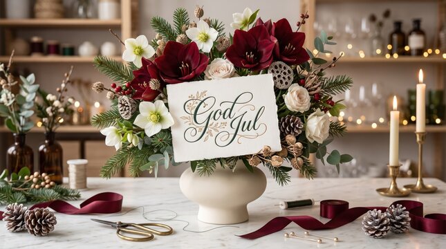 Ultra-realistic Swedish Christmas greeting card featuring luxurious &ldquo;God Jul&rdquo; typography among a sophisticated festive floral arrangement with burgundy amaryllis, white hellebores, winter roses, fir b