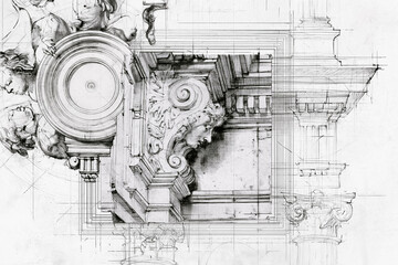 Fototapeta premium Architectural blueprint merging classical design elements with ornate baroque details and precise technical drawing lines on a white background