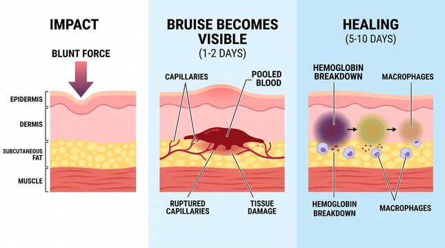 Anatomy of a bruise showing impact tissue damage and healing process