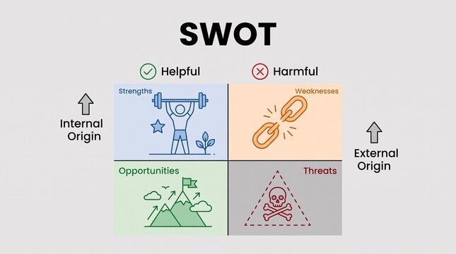 Swot analysis diagram displaying business strategy framework quadrants