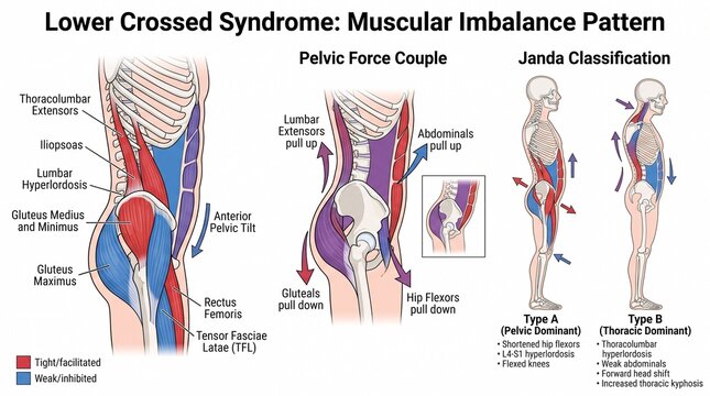 Medical infographic of lower crossed syndrome muscular imbalance