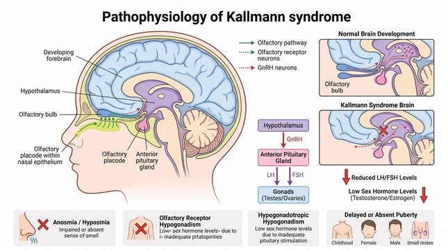 Medical infographic showing the pathophysiology of kallmann syndrome