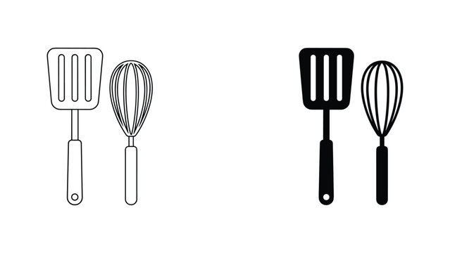 Kitchen spatula and wire whisk vector icon set outline and solid