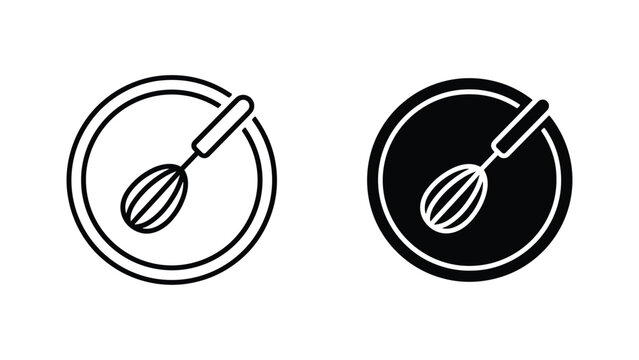 Wire whisk in bowl vector icon set outline and solid kitchen graphic