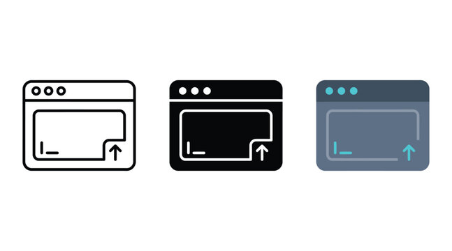 Software terminal window with command line prompt icon set in outline solid and blue gray styles for coding development and system programming.