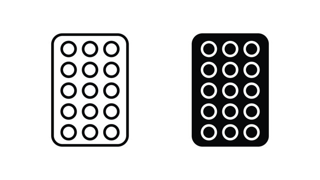 Large pill blister pack vector icon set outline and solid graphics