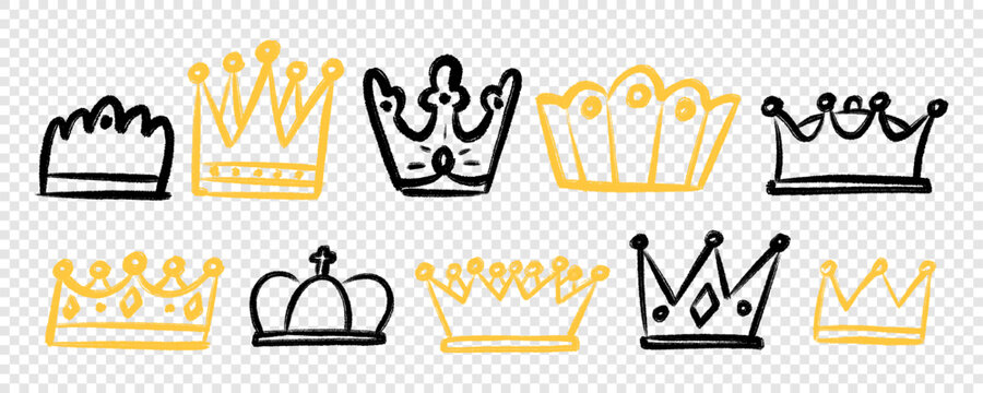 Grafitti Black and Gold Crown Sticker Set. Queen and King Crown Icon Kit. Graffiti Baby Crown Collection. Hand Drawn Vector Illustration