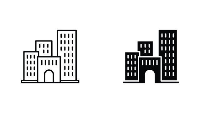 Urban skyline vector icon set featuring multiple highrise commercial buildings