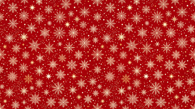 Red Christmas seamless pattern with golden snowflakes, sparkling stars and dots background