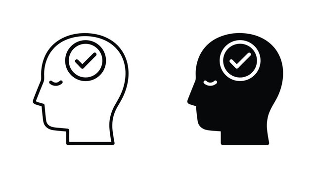 Human head profile with verified checkmark symbol depicting positive mindset and mental health