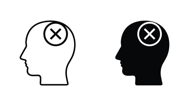 Human head with incorrect cross mark icon representing negative thoughts and mental block vector