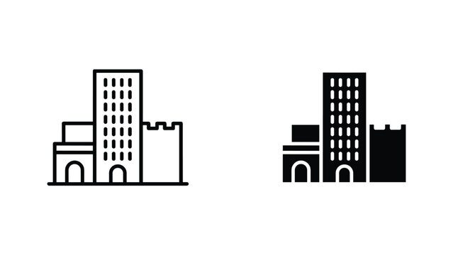 Historic castle and modern skyscraper vector icon set showing architectural contrast