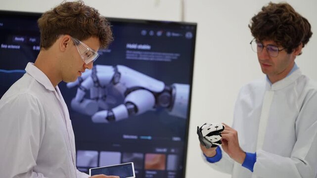 Engineer in goggles writes on a tablet as a colleague with glasses flexes a black robotic glove in front of a slip detection display, while ideas are exchanged, a modern AI business scene