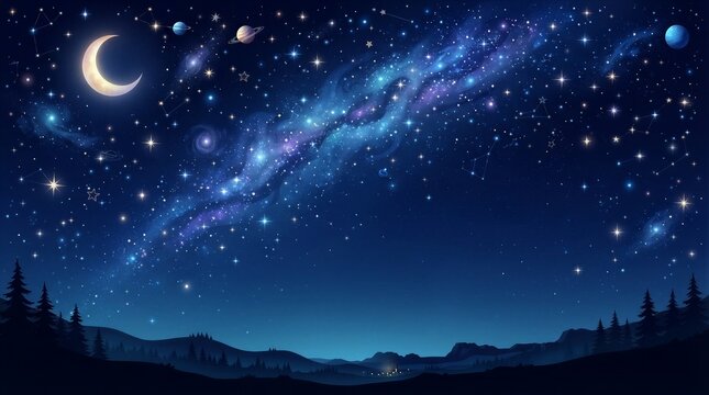 Starry night sky glows with a crescent moon. Galaxy swirls in vivid blues and purples above dark hills. Forest silhouettes frame the tranquil horizon. Distant stars twinkle like scattered diamonds