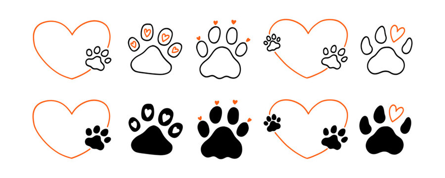 Dog Paw Pet Foot Print with Heart Set. Hand Drawn Paw Lion Footprint Icon Kit. Doodle Cat Animal Pawprint Track Bundle Silhouette. Hand Drawn Vector Illustration