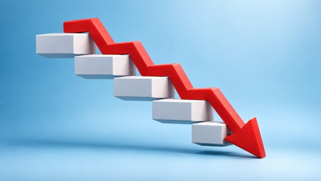 Red arrow pointing down over white rectangular blocks representing economic downturn graph.