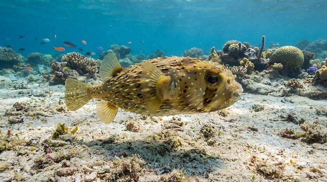 A spiky porcupinefish swims gracefully over a sandy ocean floor with vibrant coral reefs and clear blue water in the background.