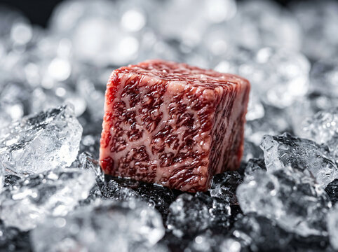 A single cube of premium raw wagyu beef resting on a bed of crushed ice.