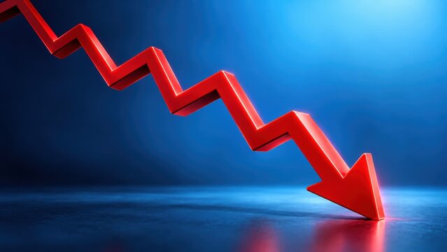 Red zigzag arrow pointing downward against blue gradient background illustrating loss trends.