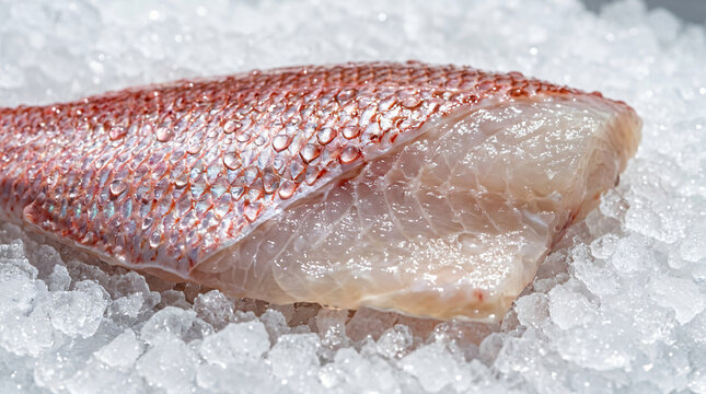 Fresh red snapper fish fillet resting on a bed of crushed ice.
