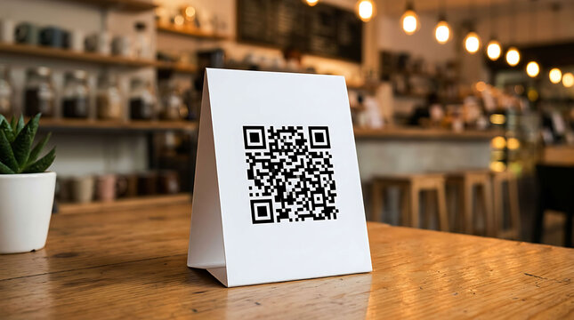 QR code on table in a modern cafe for digital menu ordering and mobile payments