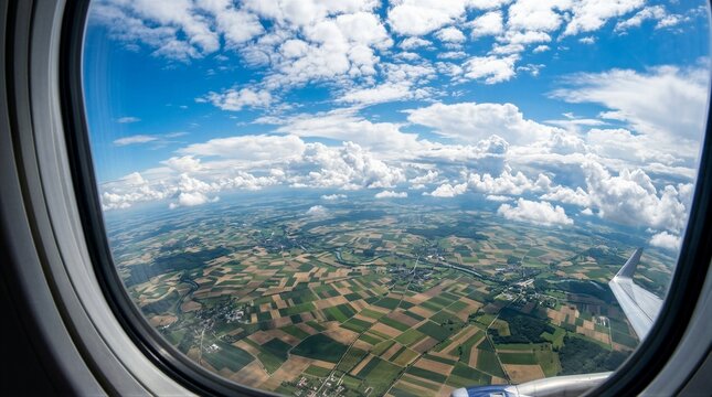 Airplane window frames a vast, cloud-dotted sky. Below, green and brown fields stretch to the horizon. White clouds drift lazily against deep blue. Earth's patchwork patterns glow beneath the plane