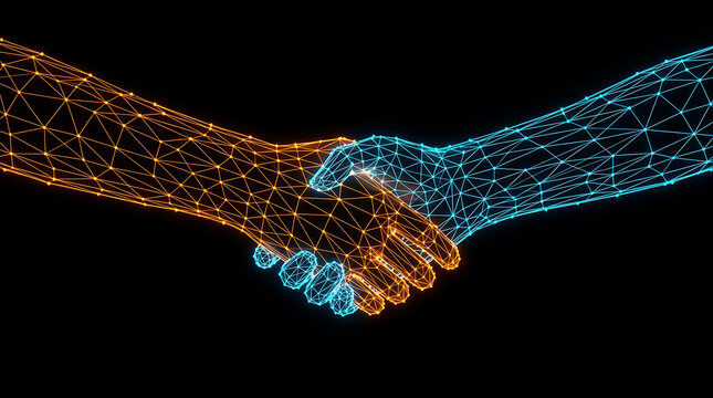 Digital handshake connecting two wireframe hands representing network agreement