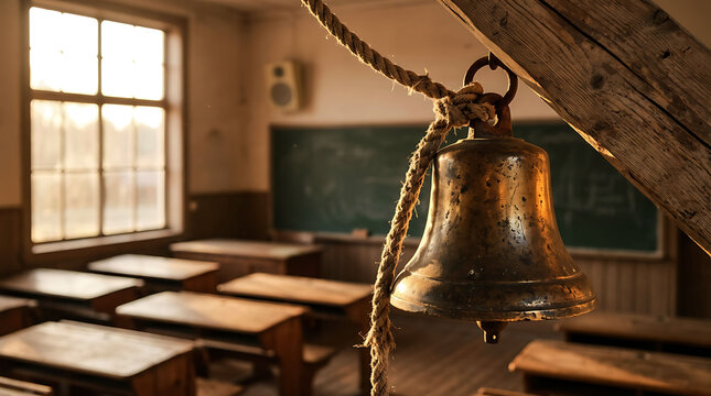 Vintage brass school bell hanging in an empty traditional classroom interior