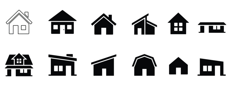 Collection of black silhouette house icons in various architectural styles